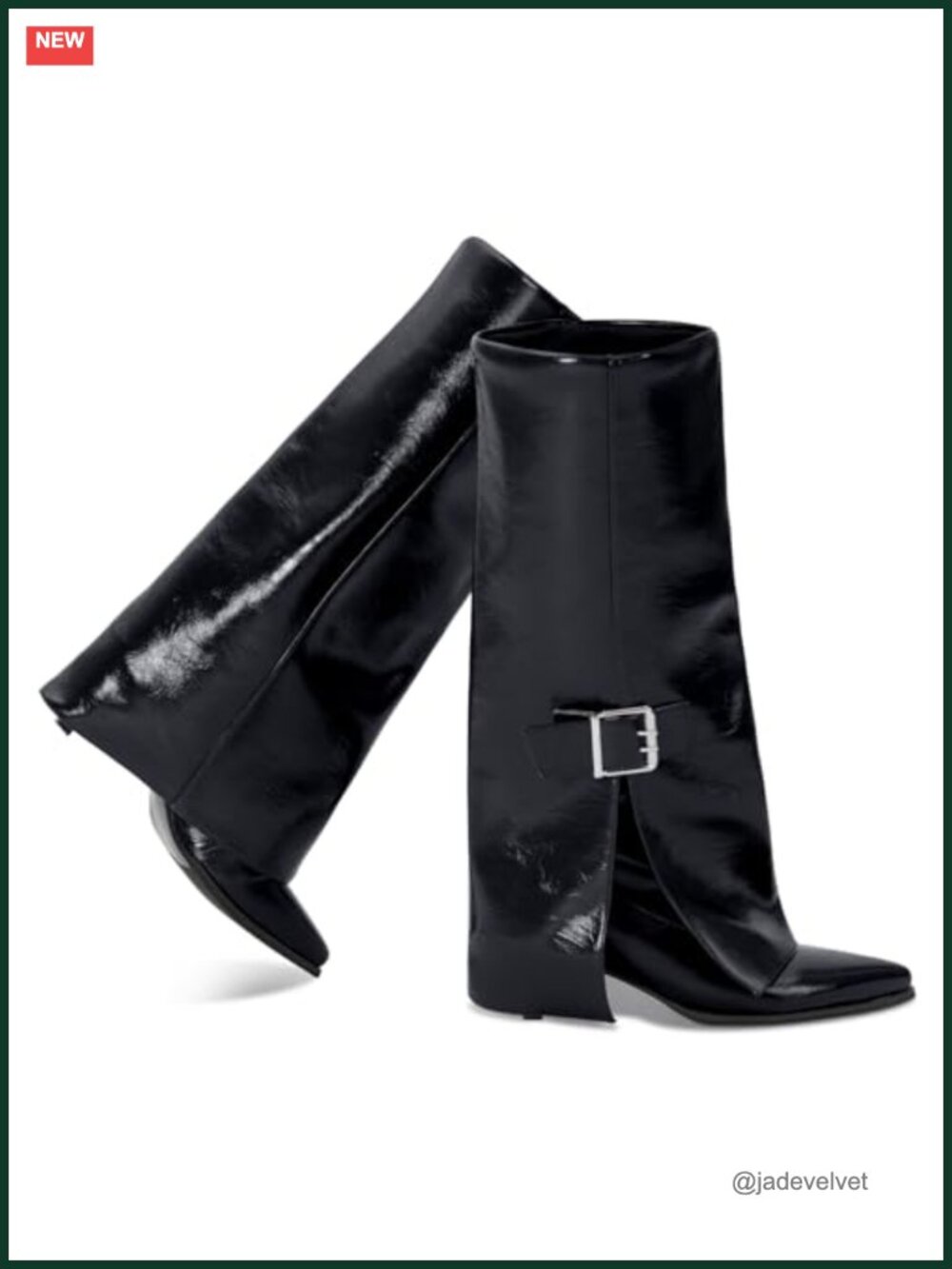 Knee High Fold Over Shark Boots Pointed Toe Kitten Heel Faux Leather